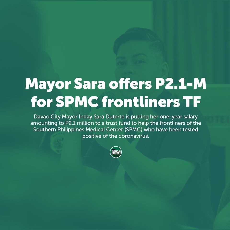 COVID-19, Health Mayor Sara offers P2.1-M for SPMC frontliners TF