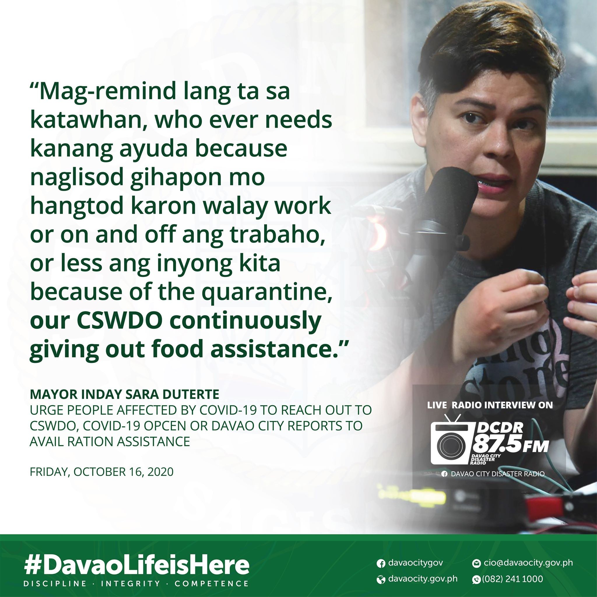 Mayor Inday Sara Duterte urge people affected by Covid-19 to reach out to CSWDO